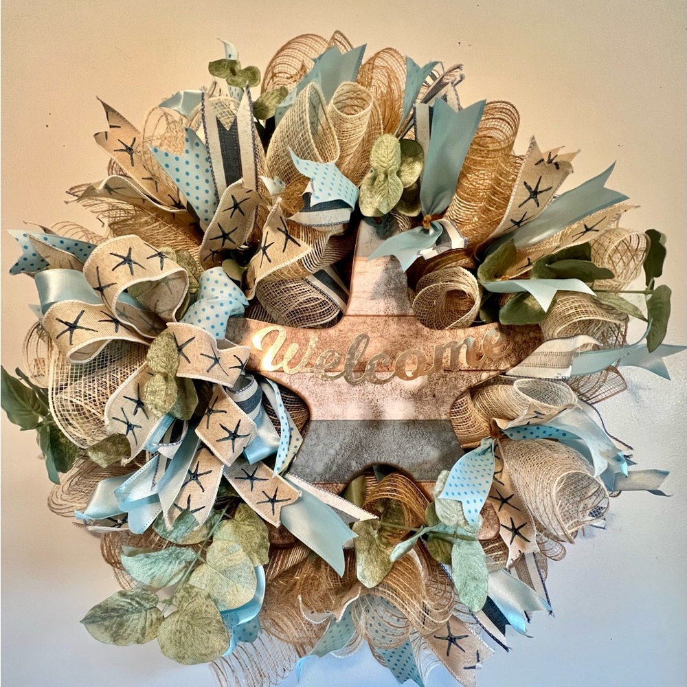 Hand Crafted Decomesh Welcome Wreath for Year Round Display